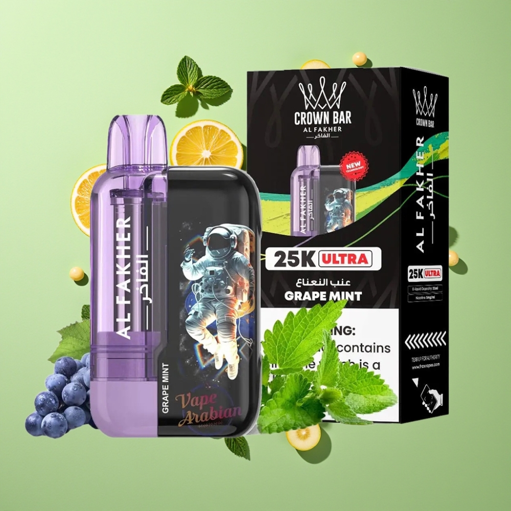 Al Fakher Crown Bar Ultra 25K Wegwerp Vape Druif Munt – 22ml – Mesh Coil