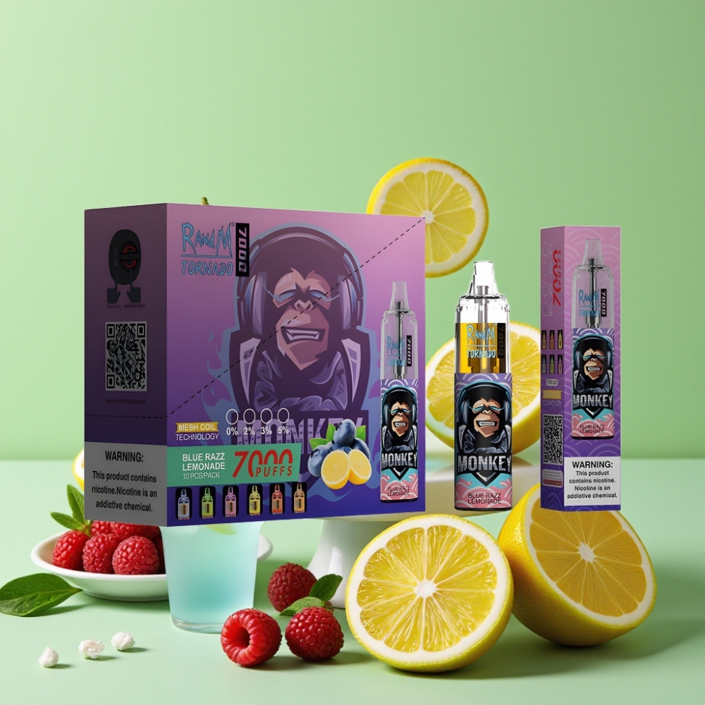 RandM Fumot Tornado 7000 Puffs Wegwerp Vape Blauwe Framboos Limonade Mesh Coil Type-C