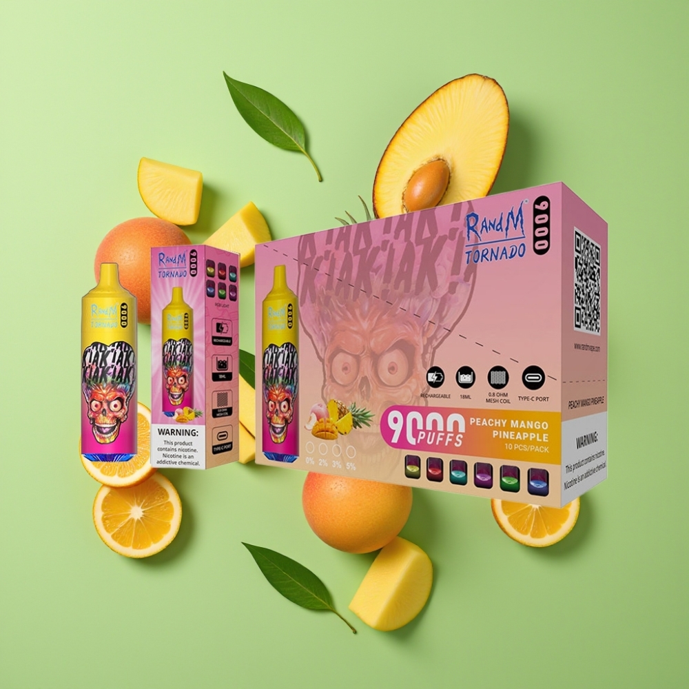 RandM Tornado 9000 Puffs 850mAh 18mL Mesh Coil Peachy Mango Ananas RGB Display