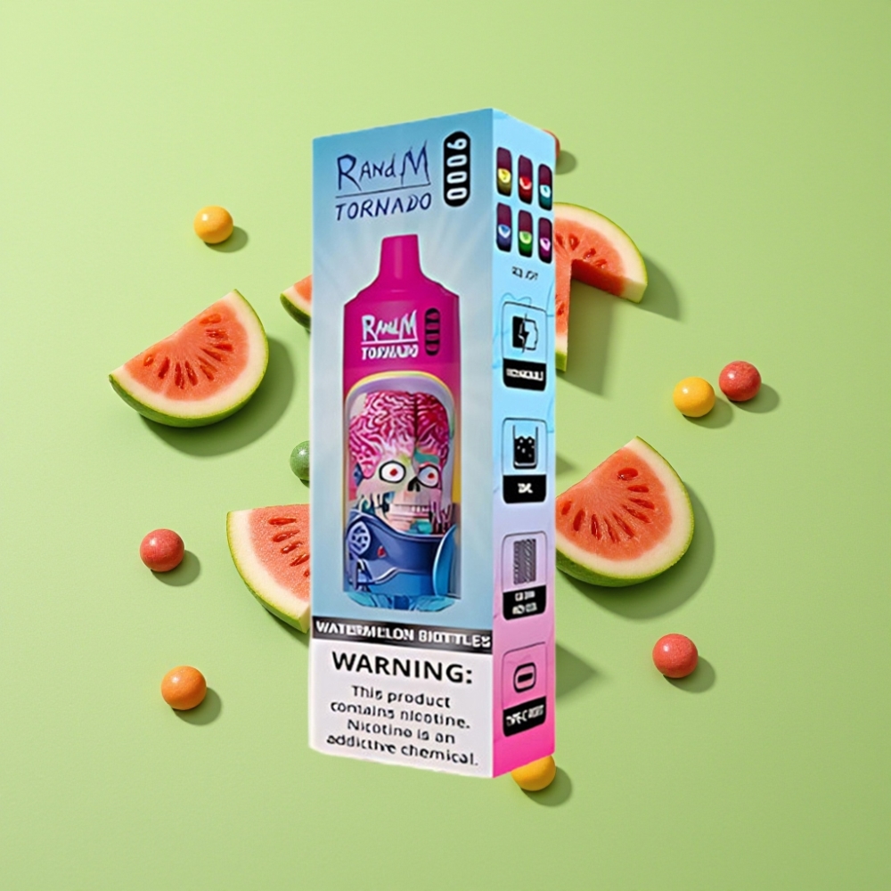 RandM Tornado 9000 Puffs 850mAh 18mL Watermelon Regenboog Mesh Coil RGB Display