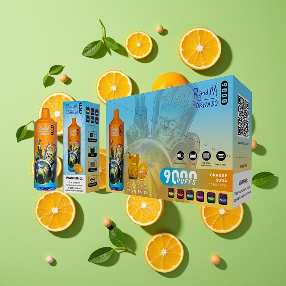 RandM Tornado 9000 Puffs Wegwerp Vape Oranje Soda met 18 mL & Mesh Coil