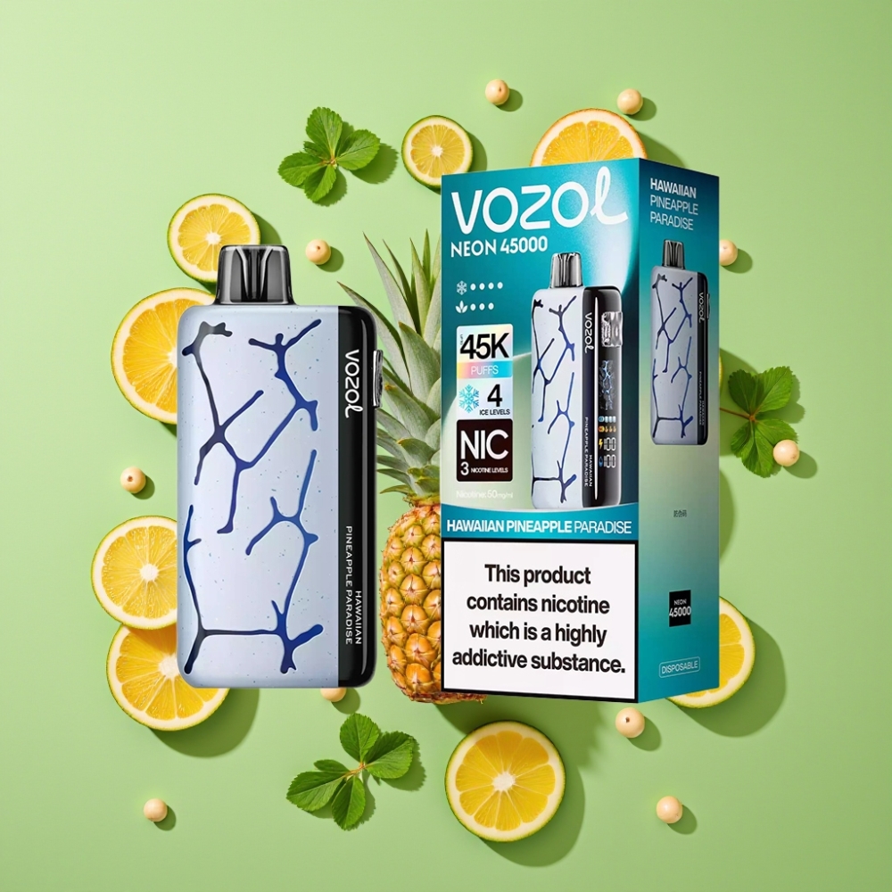 Vozol Neon 45000 Puffs Wegwerp Vape Aanpasbare Ijs & Luchtstroom Hawaiiaanse Ananas Paradijs