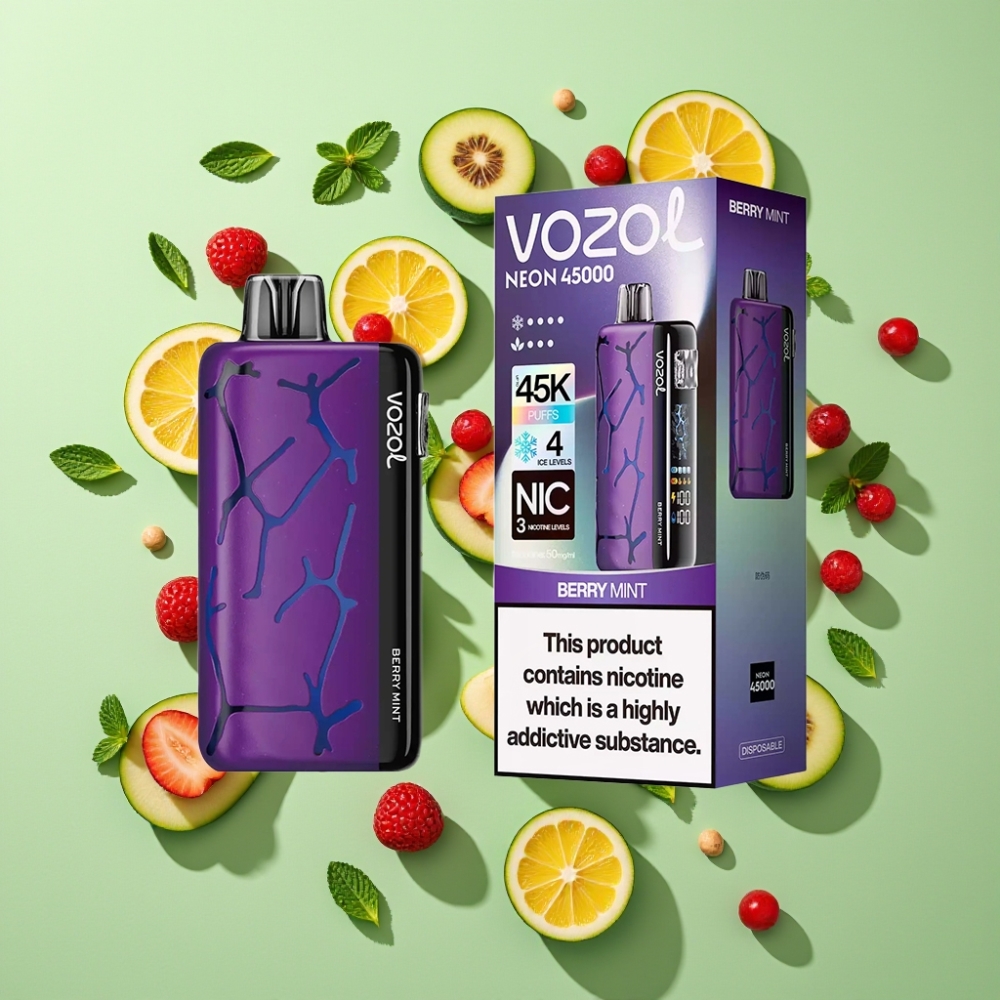 Vozol Neon 45K 45000 Puffs Herbruikbare Vape Met Aanpasbare Ijs & Luchtstroom Berry Munt