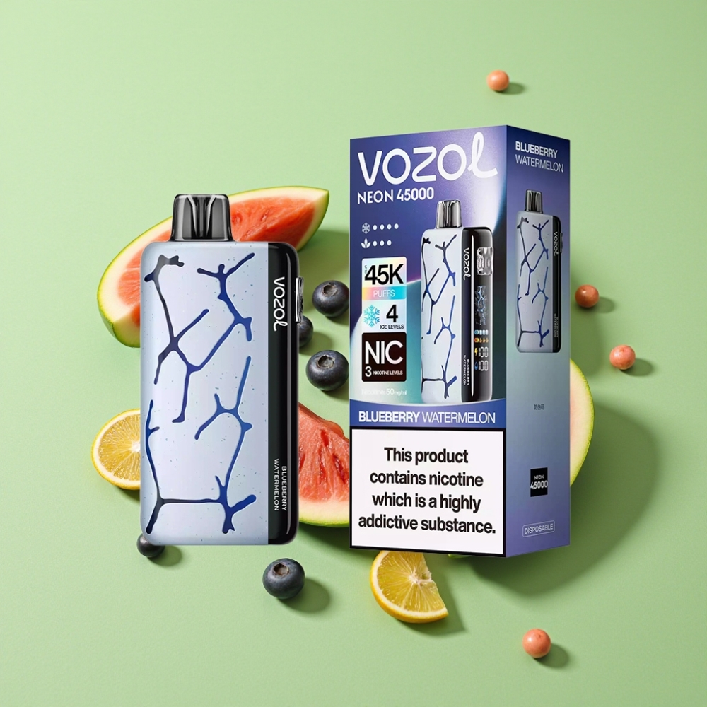 Vozol Neon 45K 45000 Puffs Verstelbare IJs & Luchtstroom Wegwerp Vape Blauwe Bes Watermeloen