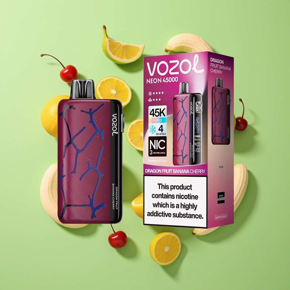 Vozol Neon 45K 45000 Puffs Verstelbare IJs & Luchtstroom Wegwerp Vape Drakenvrucht Banaan Kers