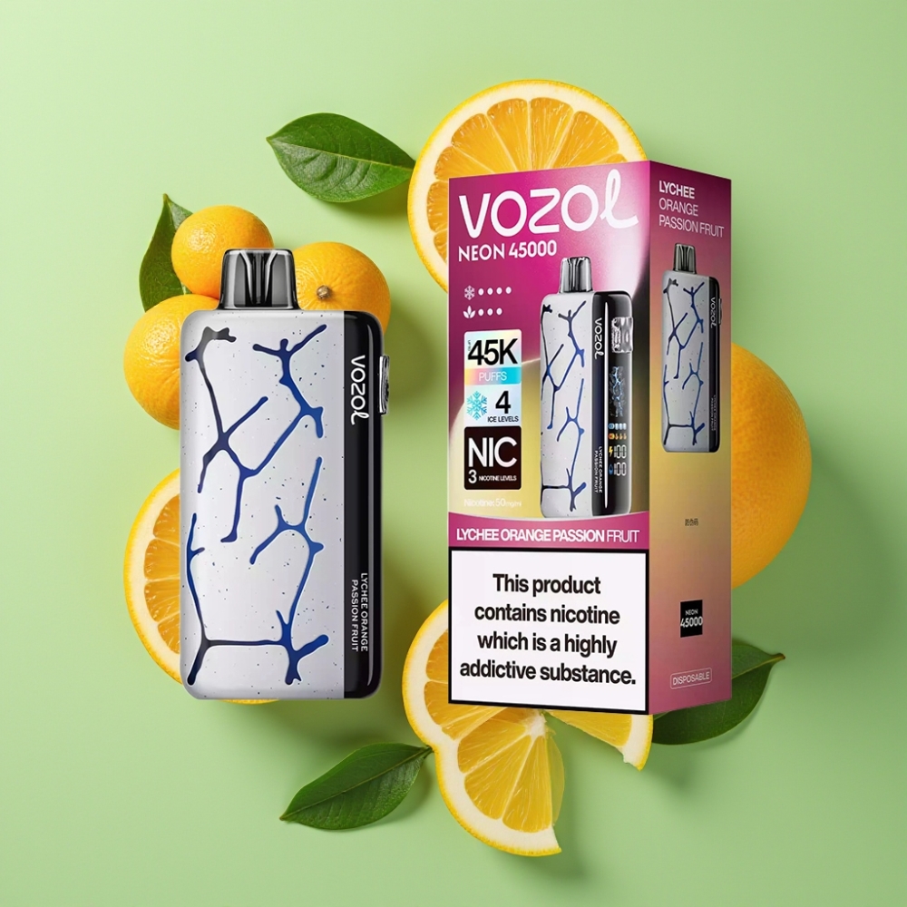 Vozol Neon 45K 45000 Puffs Verstelbare Ijs & Luchtstroom Wegwerp Vape Lychee Sinaasappel Passievrucht