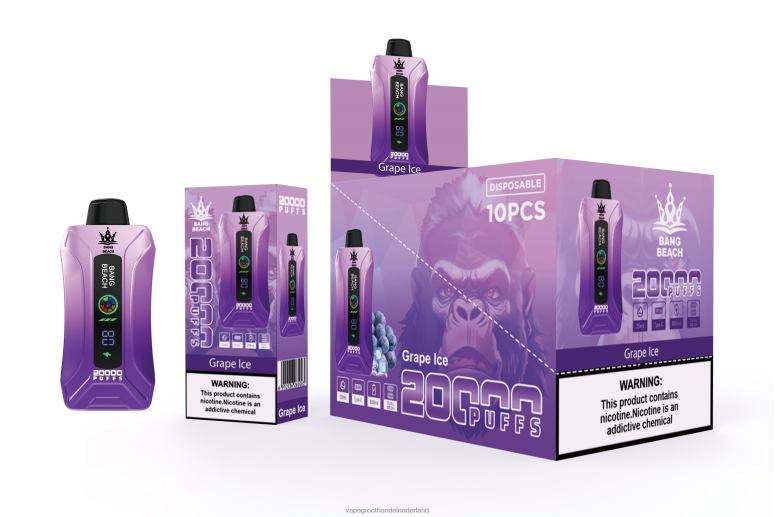 Bang Beach 20.000 trekjes slimme schermvape 2HL2X10 - Vape Groothandel Inkoop druiven ijs